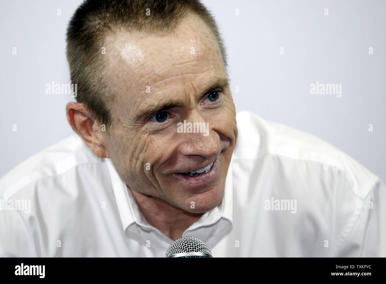 Mark Martin discusses the upcoming NASCAR season during the NASCAR media tour press conference at Hendrick Motorsports in Concord, North Carolina on January 20, 2010.        UPI/Nell Redmond . Stock Photo