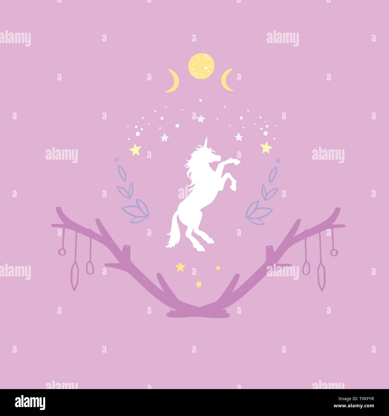 Unicorn in the night with starry sky and the moon. Fantasy style ...