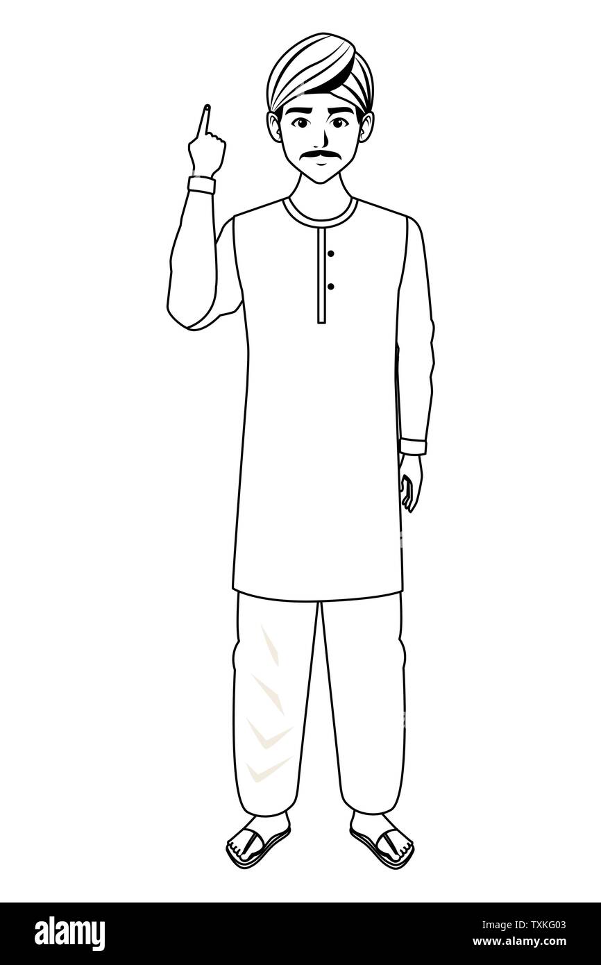 indian man avatar cartoon character in black and white Stock Vector ...