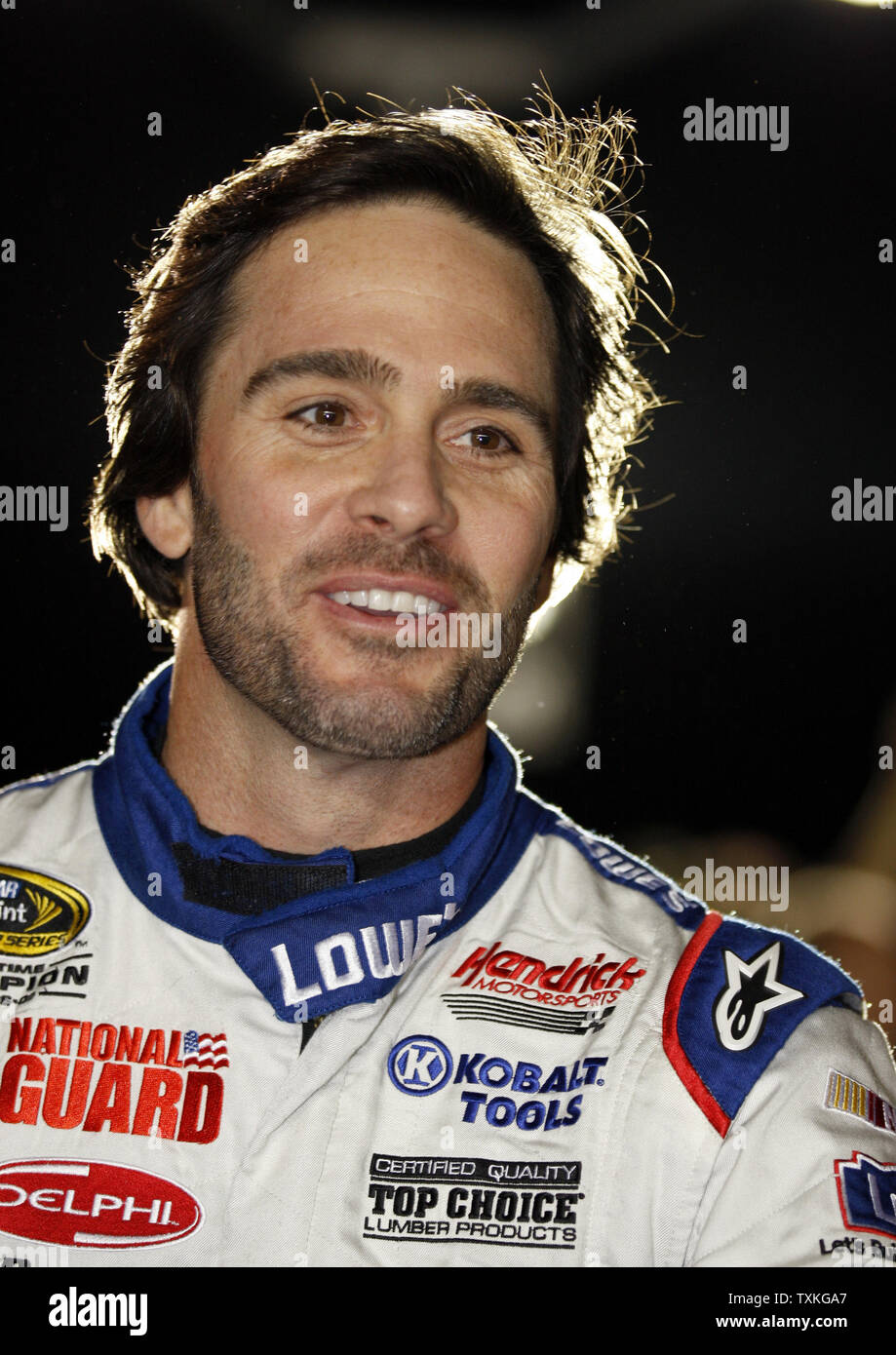 Race car driver Jimmie Johnson before the start of the Bank of America 500 NASCAR race in