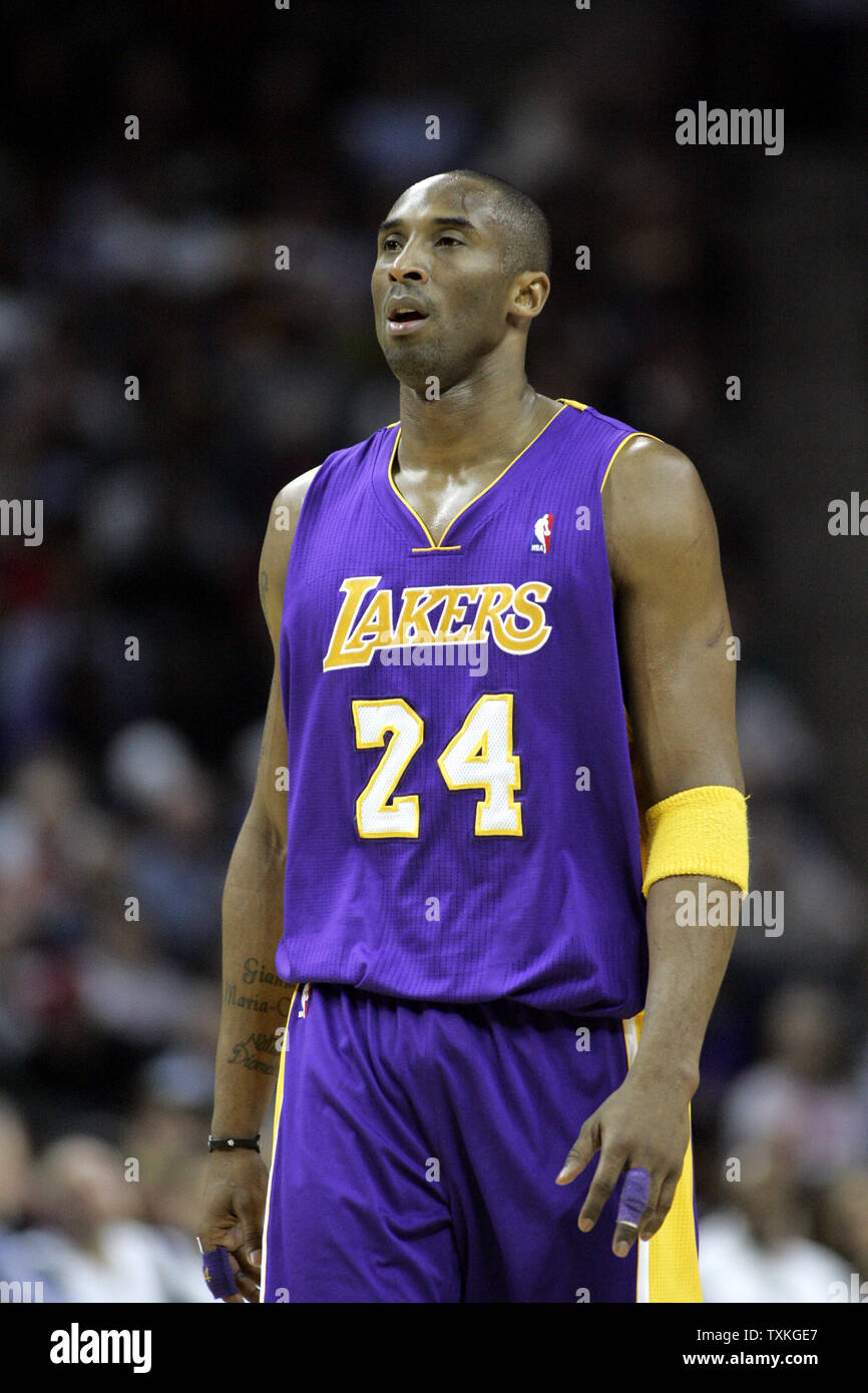 Los Angeles Lakers guard Kobe Bryant walks up the court during a break in the action against the Charlotte Bobcats in the first half of in an NBA basketball game in Charlotte, North Carolina on February 14, 2011.    UPI/Nell Redmond Stock Photo