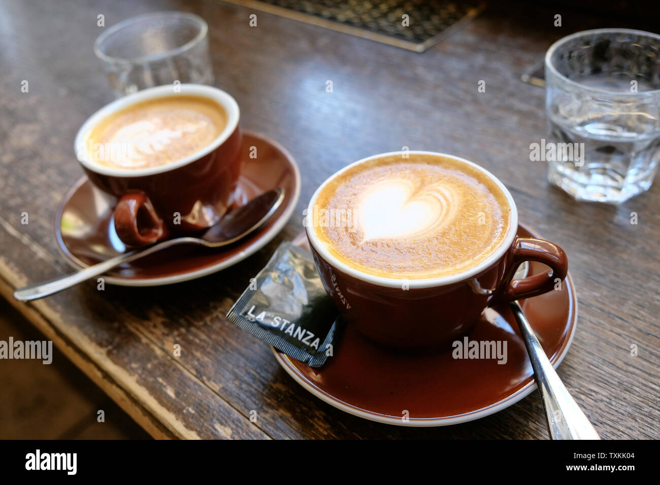 Two cups Cappuccino at Cafe La Stanza, Bleicherweg, Zurich. Stock Photo