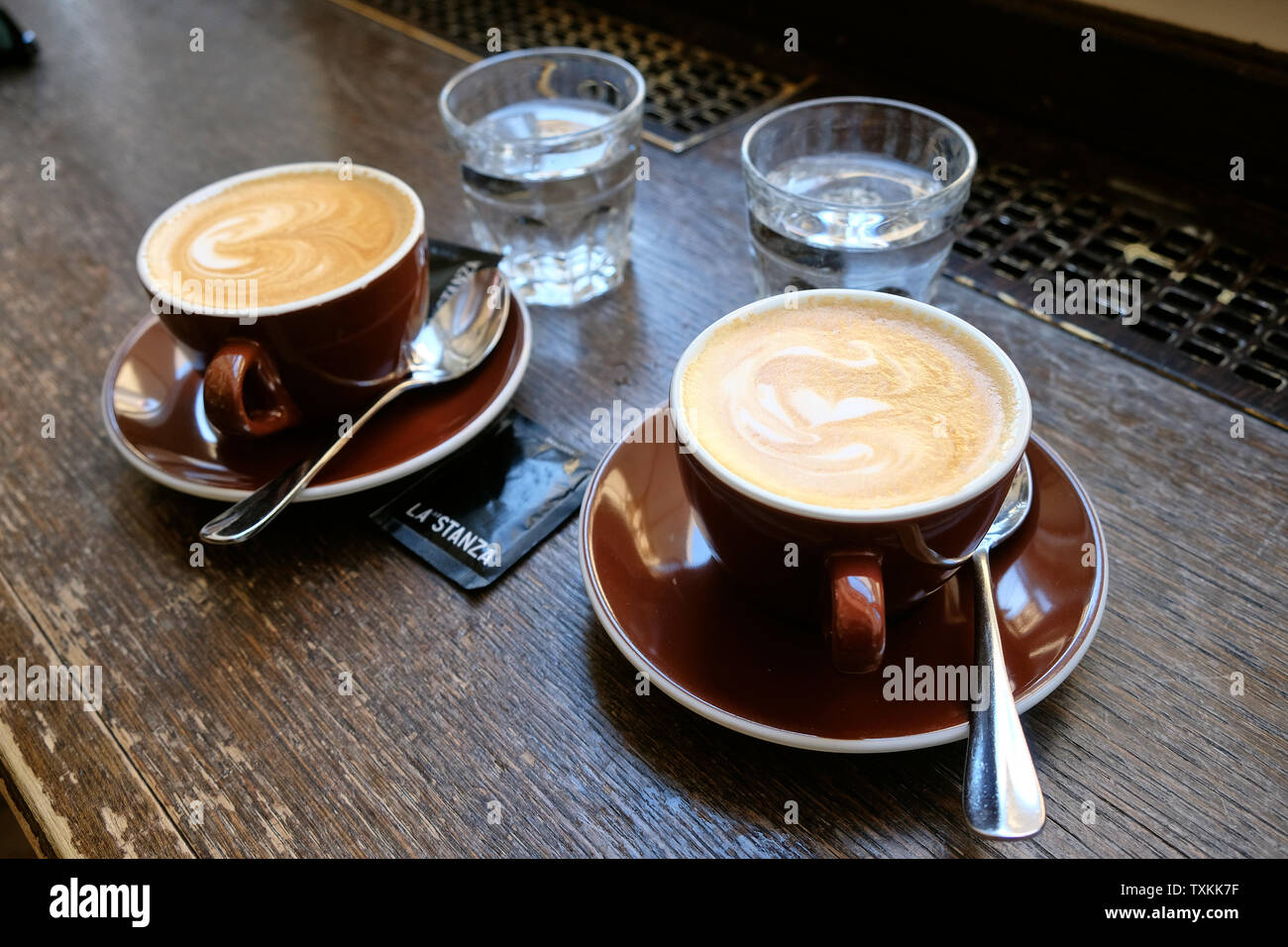 Two cups Cappuccino at Cafe La Stanza, Bleicherweg, Zurich. Stock Photo