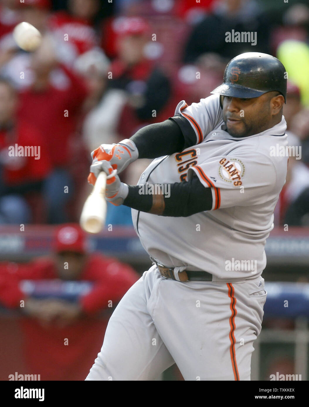 San Francisco Giants third baseman Pablo Sandoval hits a double in the