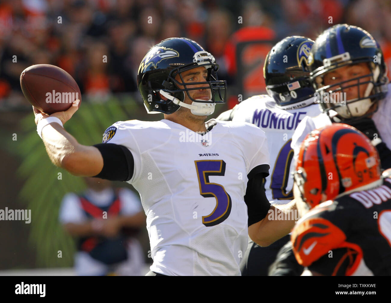 Baltimore Ravens quarterback Joe Flacco talks on a sideline phone during  the NFL football game between the Pittsburgh Steelers and the Baltimore  Ravens in Pittsburgh, Sunday, Dec. 27, 2009. (AP Photo/Keith Srakocic