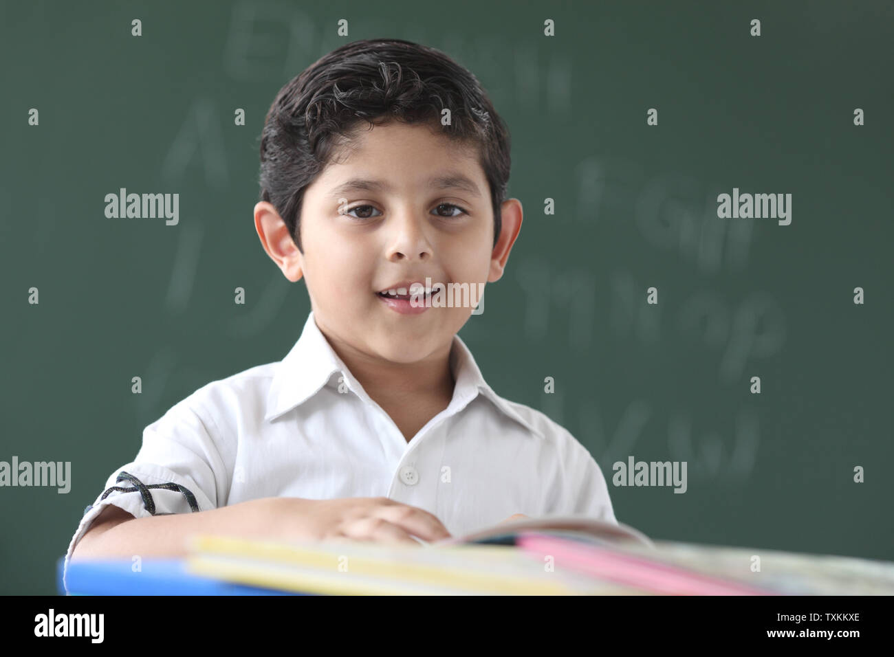 Portrait of a schoolboy studying in a classroom Stock Photo - Alamy
