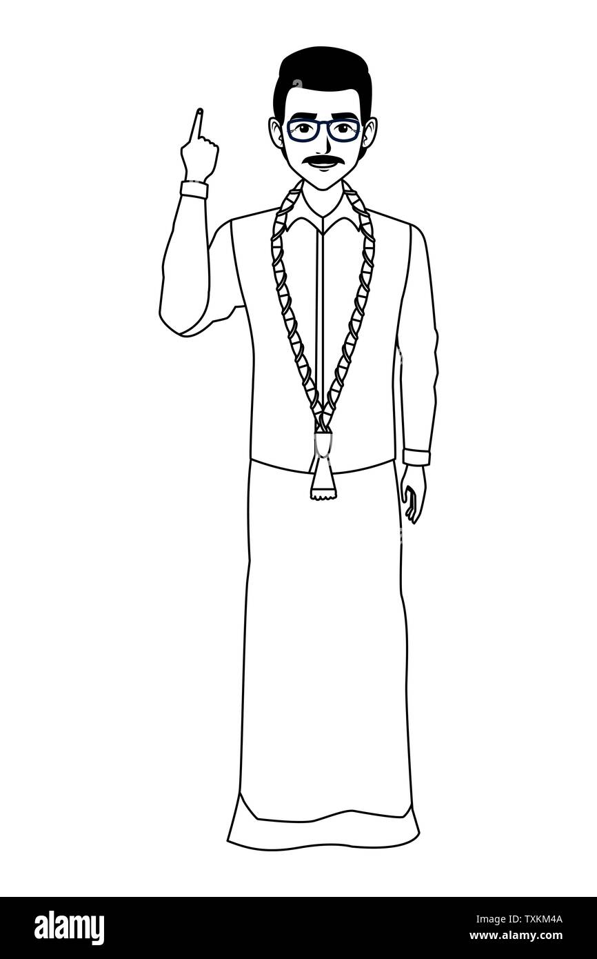 indian man avatar cartoon character in black and white Stock Vector ...