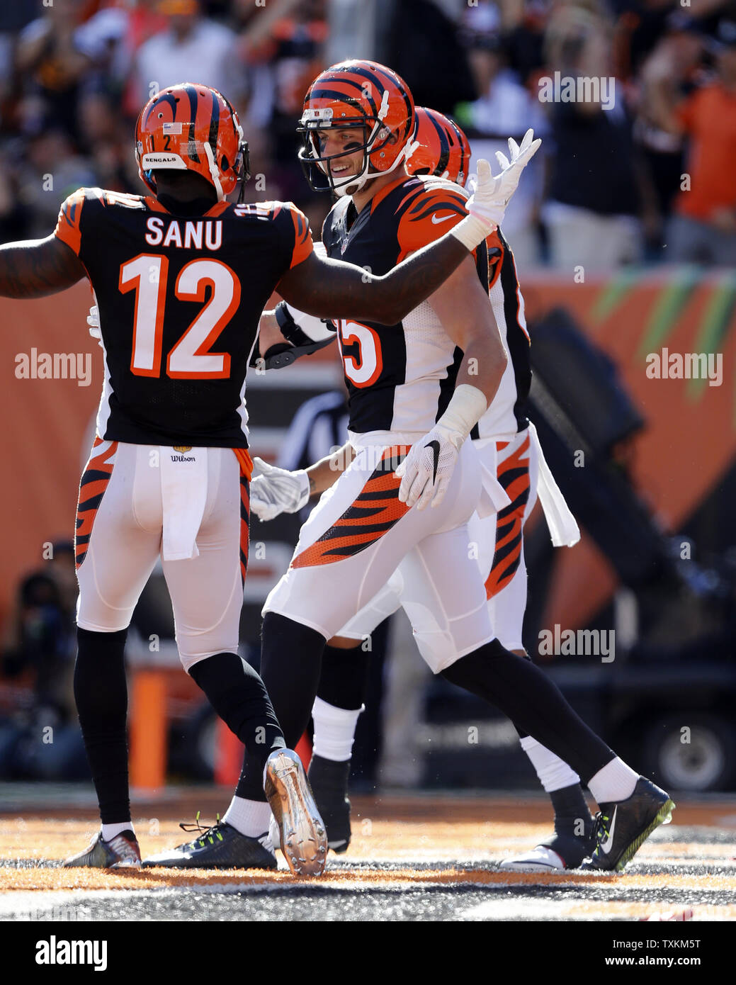 London, UK. 27 October 2019. Bengals Tight End, Tyler Eifert (85) is  tackled by Rams Safety, Marqui Christian (26) and Rams Safety, Taylor Rapp  (24) during the NFL match Cincinnati Bengals v