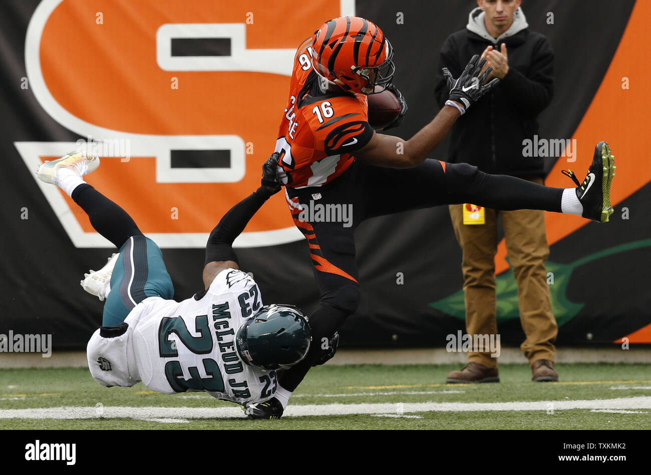 Cincinnati Bengals wide receiver Cody Core (16) tackled by Philadelphia Eagles'  Leodis McKelvin (21) during the first half of play at Paul Brown Stadium in Cincinnati, Ohio, December 4, 2016.  Photo by  John Sommers II /UPI Stock Photo