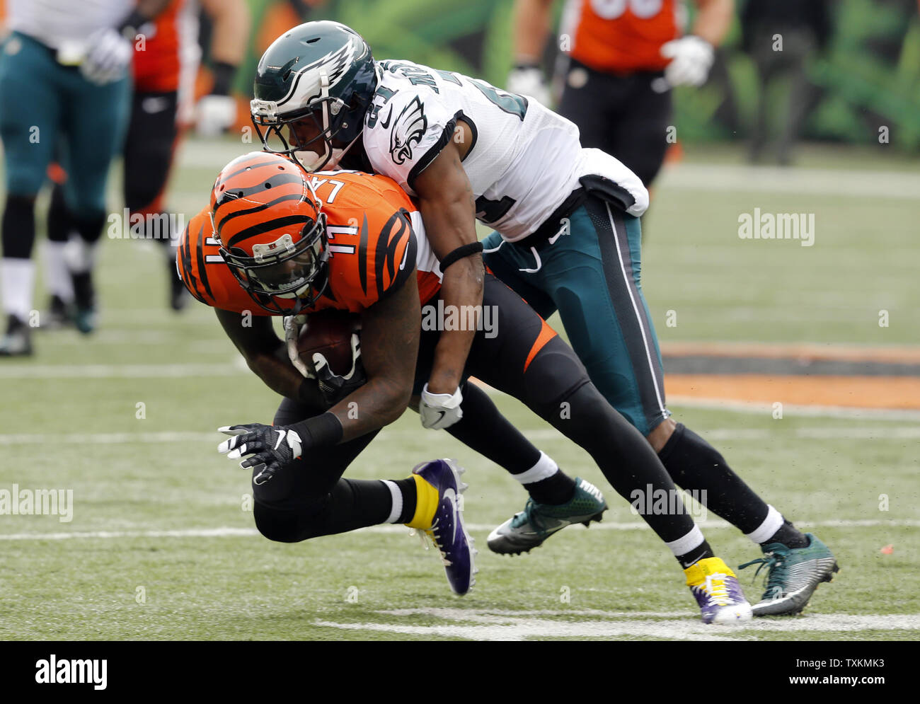 Cincinnati Bengals wide receiver Brandon LaFell (11) tackled by Philadelphia Eagles'  Leodis McKelvin (21) during the first half of play at Paul Brown Stadium in Cincinnati, Ohio, December 4, 2016.  Photo by  John Sommers II /UPI Stock Photo