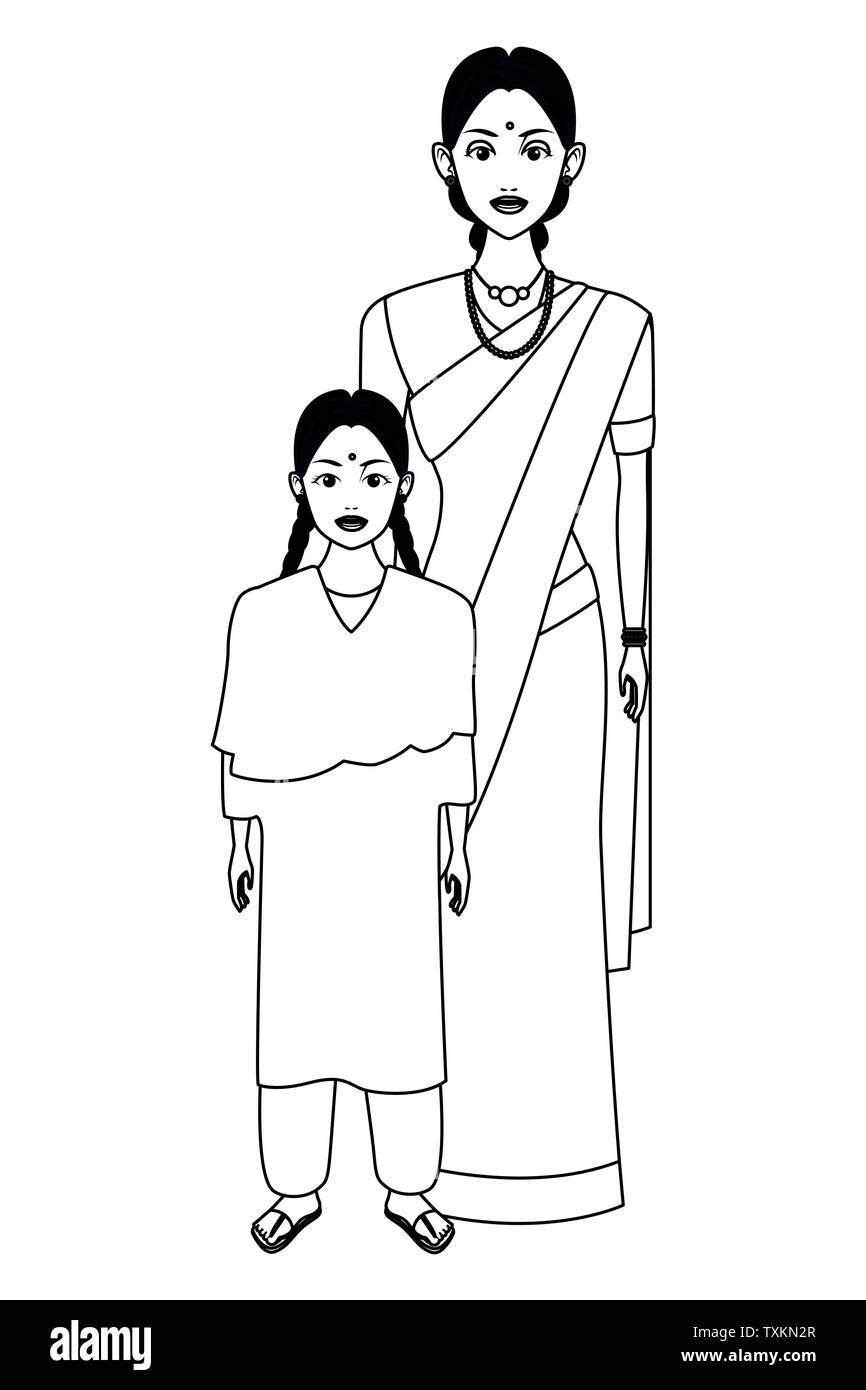 indian family avatar cartoon character in black and white Stock Vector ...