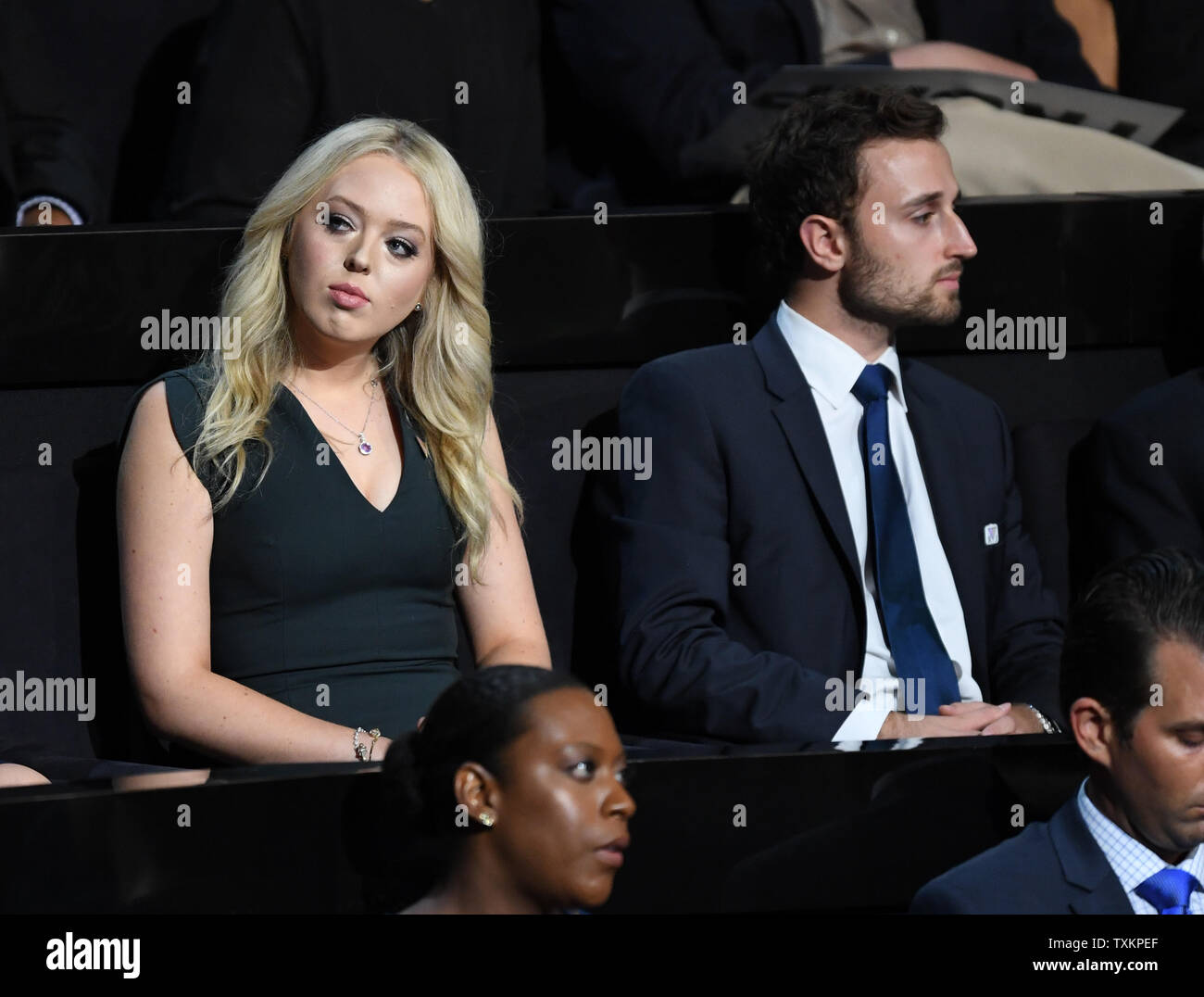 Tiffany Trump, daughter of Donald Trump and Marla Maples, sits in a box at the evening session on day one at the Republican National Convention at Quicken Loans Arena in Cleveland, Ohio on July 18, 2016.  Donald Trump will formally accept the Republican Party's nomination for President on Thursday night July 21st.  Photo by Pat Benic/UPI Stock Photo
