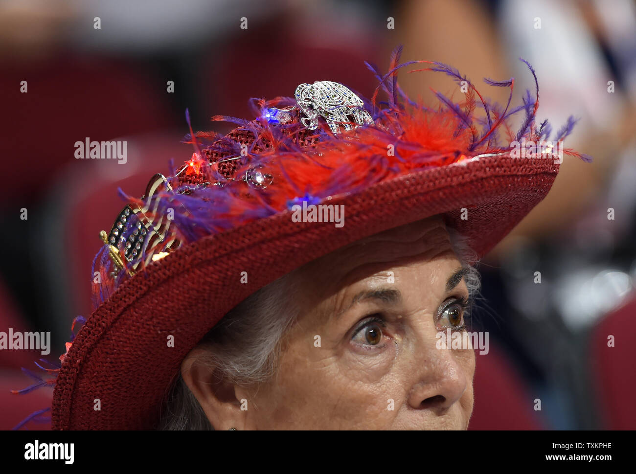 A GOP elephant adorns a delegates' hat at the Republican National Convention at Quicken Loans Arena in Cleveland, Ohio on July 18, 2016.  Donald Trump will formally accept the Republican Party's nomination for President on Thursday night July 21st.  Photo by Molly Riley/UPI Stock Photo