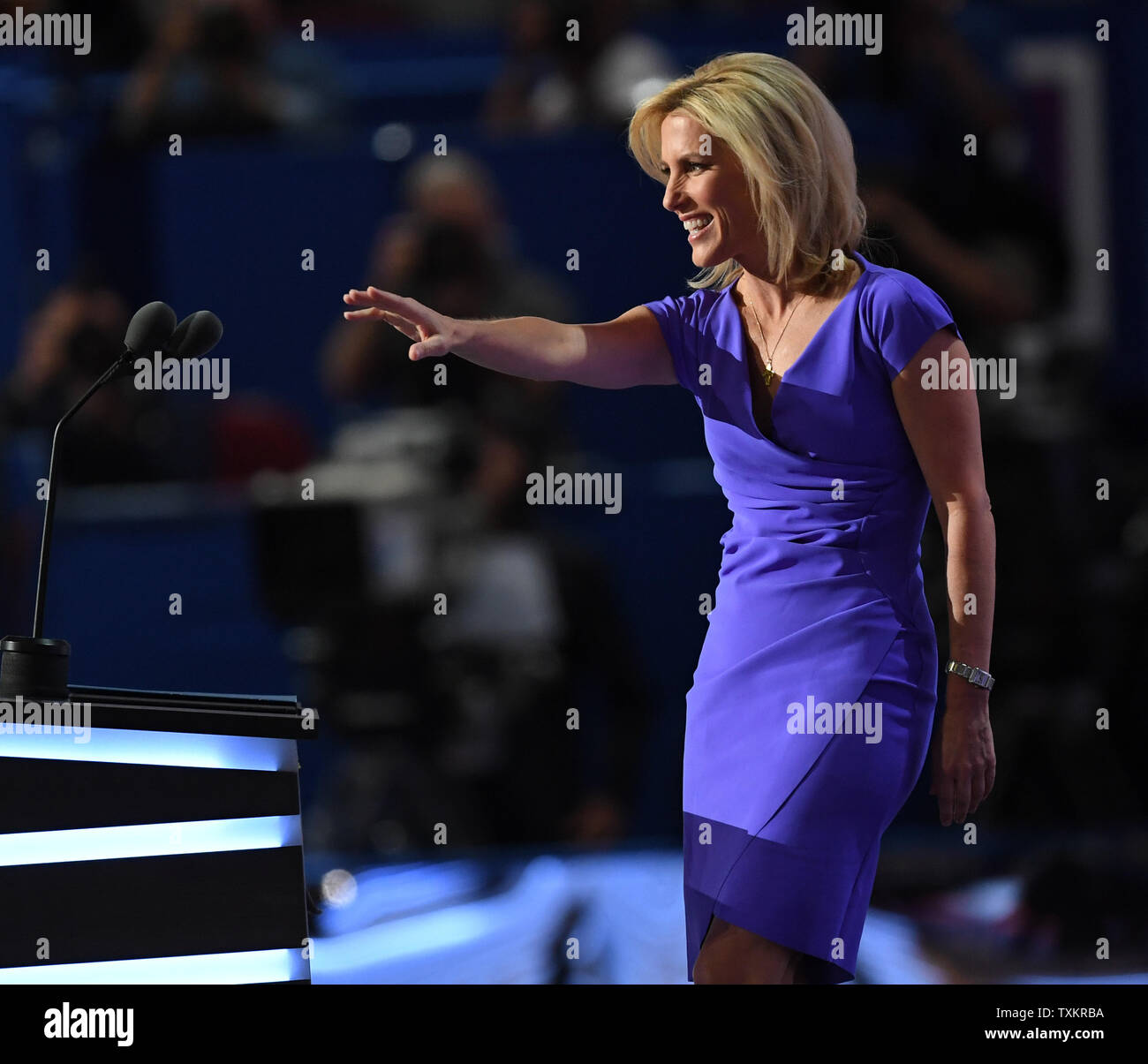 Radio host Laura Ingraham arrives on the stage to speak on day three of the Republican National Convention at Quicken Loans Arena in Cleveland, Ohio on July 20,  2016.  Donald Trump will formally accept the Republican Party's nomination for President on Thursday night July 21.  Photo by Pat Benic/UPI Stock Photo