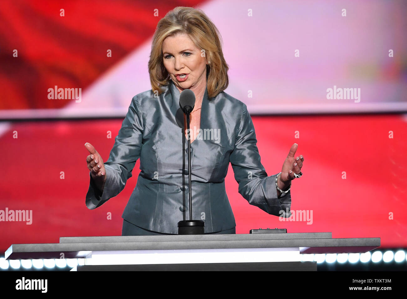 Representative Marsha Blackburn of Tennessee speaking on the final day of the Republican National Convention at Quicken Loans Arena in Cleveland, Ohio on July 21, 2016.The GOP end their convention tonight with Donald Trump and Mike Pence representing the Republicans versus the Democratic Party ticket. Photo by Kevin Dietsch/UPI Stock Photo