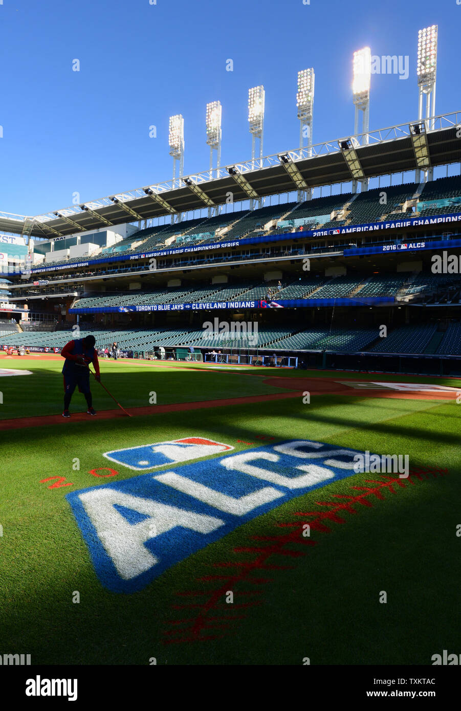 The Cleveland Indians Ground Crew Preparing The Field Before Game 1 Against The Toronto Blue Jays During The American League Championship Series At Progressive Field In Cleveland Ohio On October 14 16