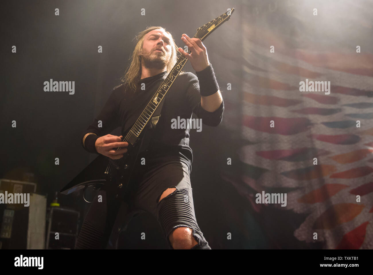 15.04.2019. RIGA, LATVIA. Michael Paget, lead guitarist of Welsh metalcore band Bullet For My Valentine, during performance at Palladium Riga. Stock Photo