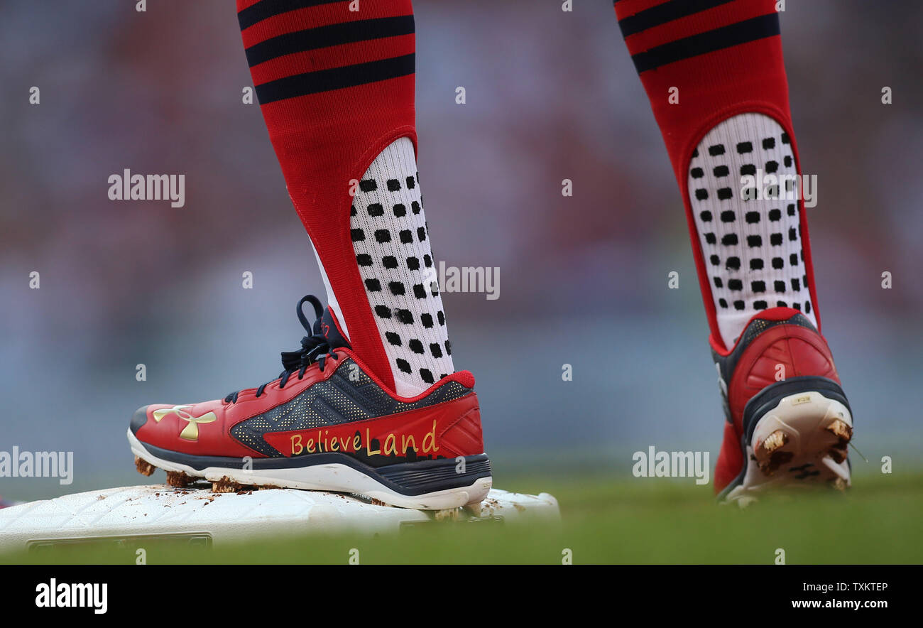Cleveland Indians Francisco Lindor wears shoes that say Believe Land  after a single against the Cleveland Indians in the first inning of game 2  of the American League Championship Series at Progressive