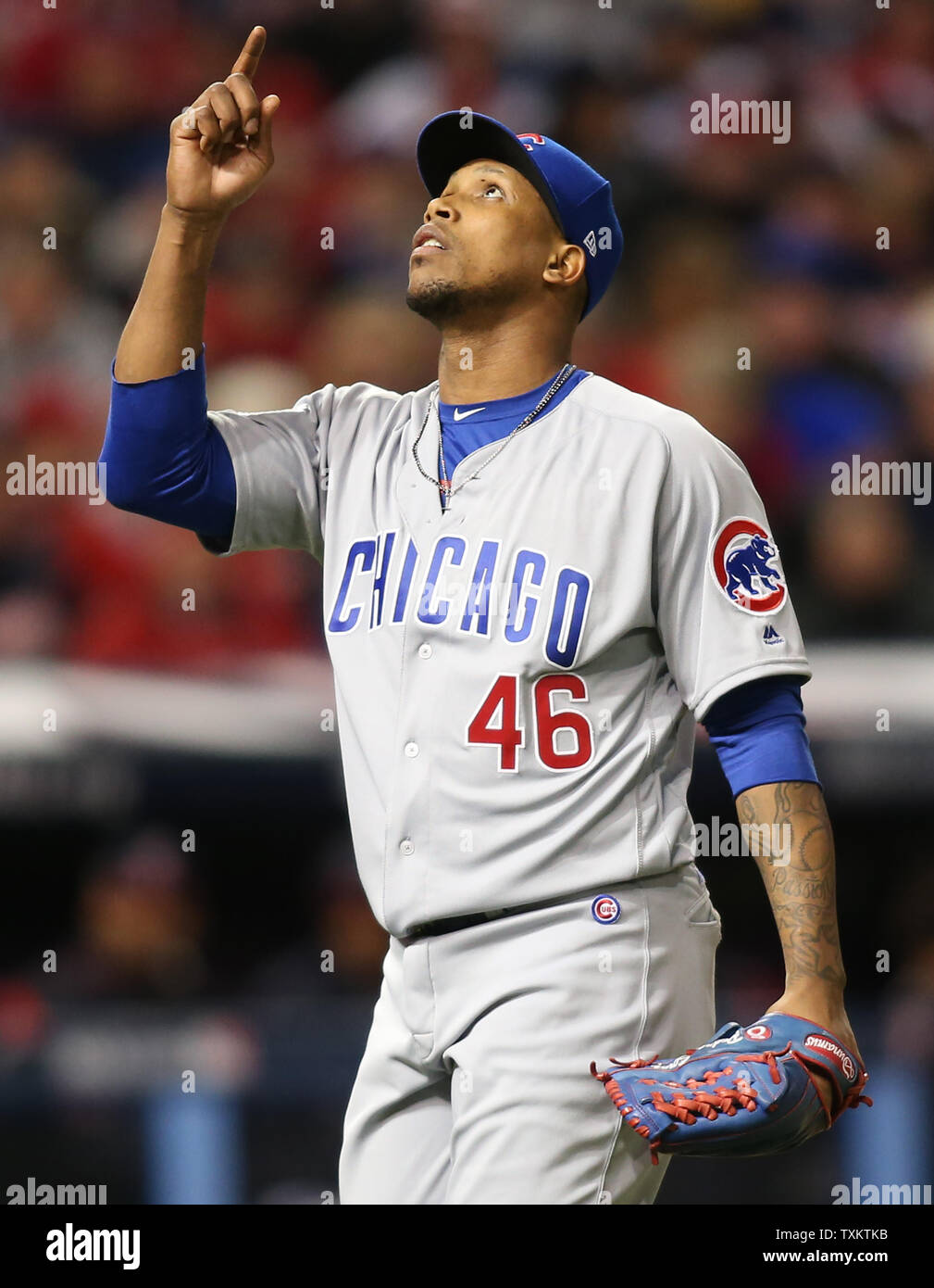 Chicago Cubs reliever Pedro Strop gestures after finishing the sixth inning  against the Cleveland Indians in game 1 of the World Series at Progressive  Field in Cleveland, Ohio on October 25, 2016.