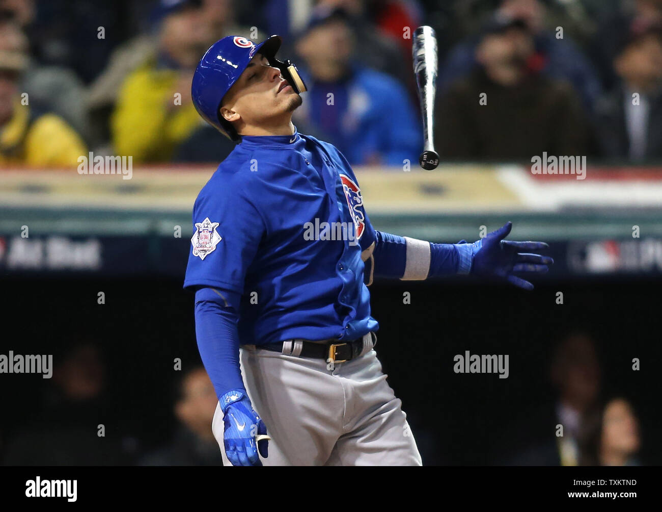 Chicago Cubs' Javier Baez flies out against the Cleveland Indians to end  the sixth inning of game 2 of the World Series at Progressive Field in  Cleveland, Ohio on October 26, 2016.