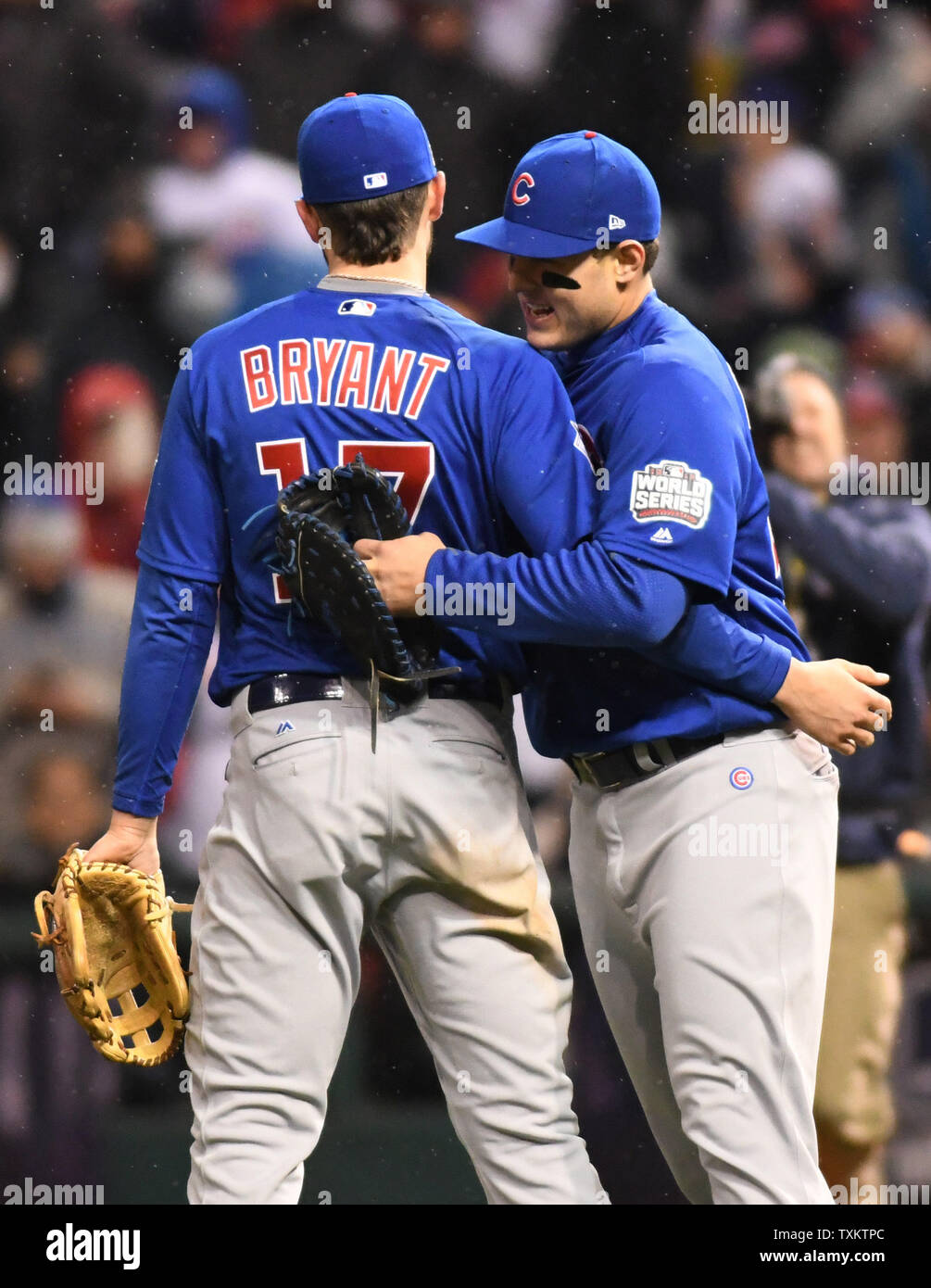 Chicago Cubs' Kris Bryant (L) and Anthony Rizzo celebrate a 5-1 win over  the Cleveland Indians after game 2 of the World Series at Progressive Field  in Cleveland, Ohio on October 26,