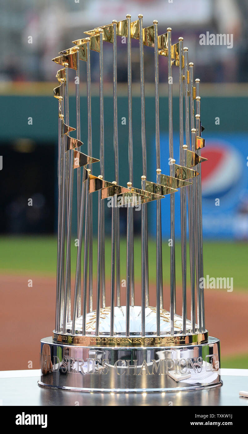 The World Series trophy awaits the winner of the Chicago Cubs and Cleveland  Indians matchup in World Series game 7 at Progressive Field in Cleveland,  Ohio, on November 2, 2016. Photo by