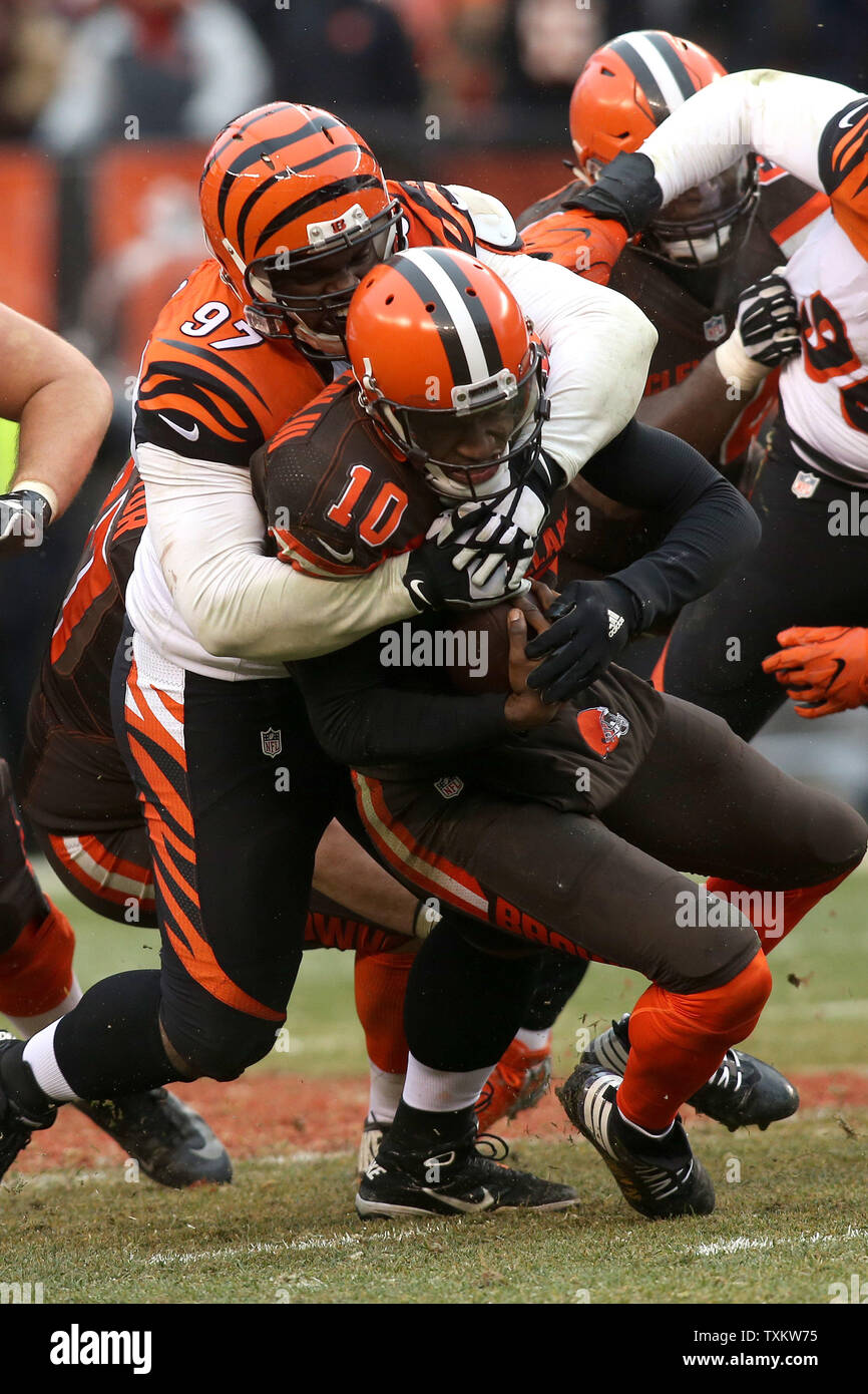 Cleveland Browns quarterback Robert Griffin III is sacked by Cincinnati Bengals' Geno Atkins during the fourth quarter at FirstEnergy Stadium in Cleveland on December 11, 2016. Photo by Aaron Josefczyk/UPI Stock Photo