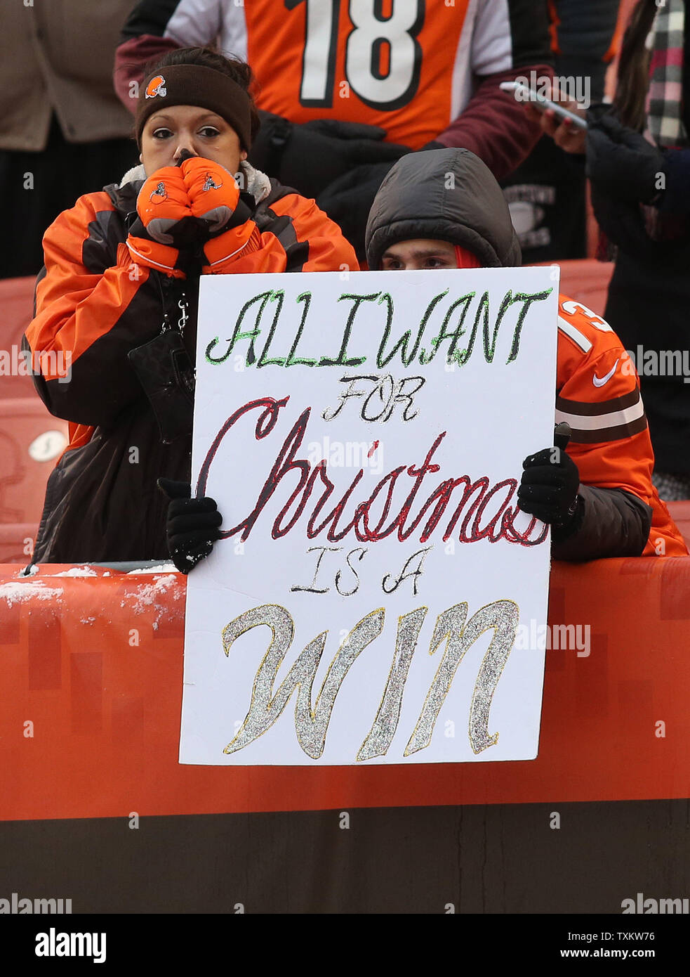 Cleveland Browns fans hold up a sign during the fourth quarter during the Browns game against the Cincinnati Bengals at FirstEnergy Stadium in Cleveland on December 11, 2016. Photo by Aaron Josefczyk/UPI Stock Photo