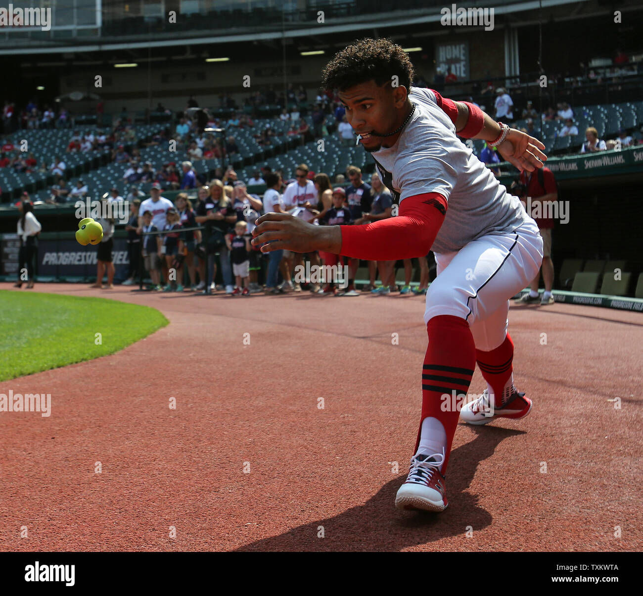 Cleveland Indians Francisco Lindor does a warm up drill prior to game against the Kansas City Royals at Progressive Field in Cleveland, Ohio on September 17, 2017. Photo by Aaron Josefczyk/UPI Stock Photo