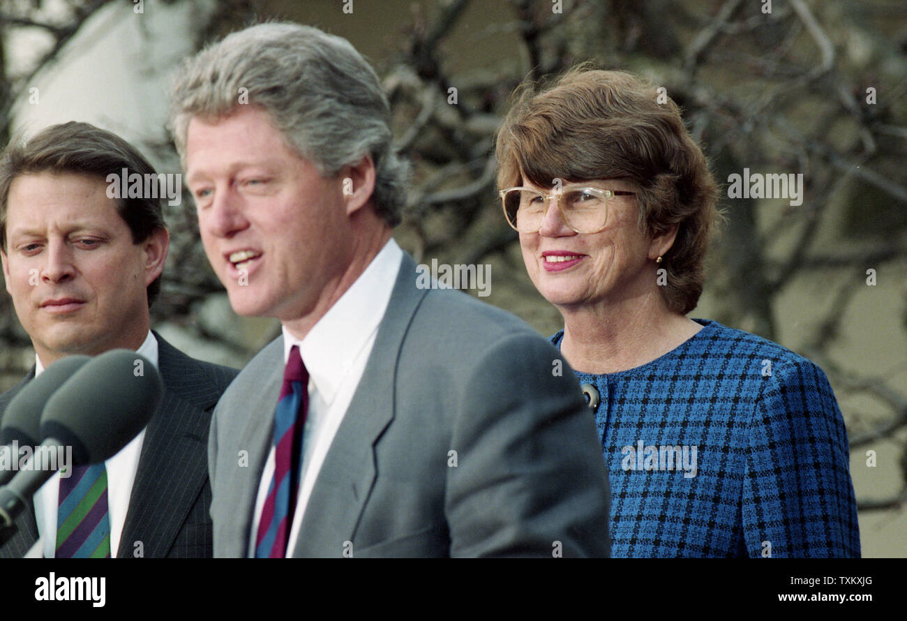 U.S. President Bill Clinton speaks as Janet Reno (R), the first female nominee for Attorney General, and Vice President Al Gore listen in the Rose Garden of the White House in Washington on February 11, 1993. UPI Stock Photo