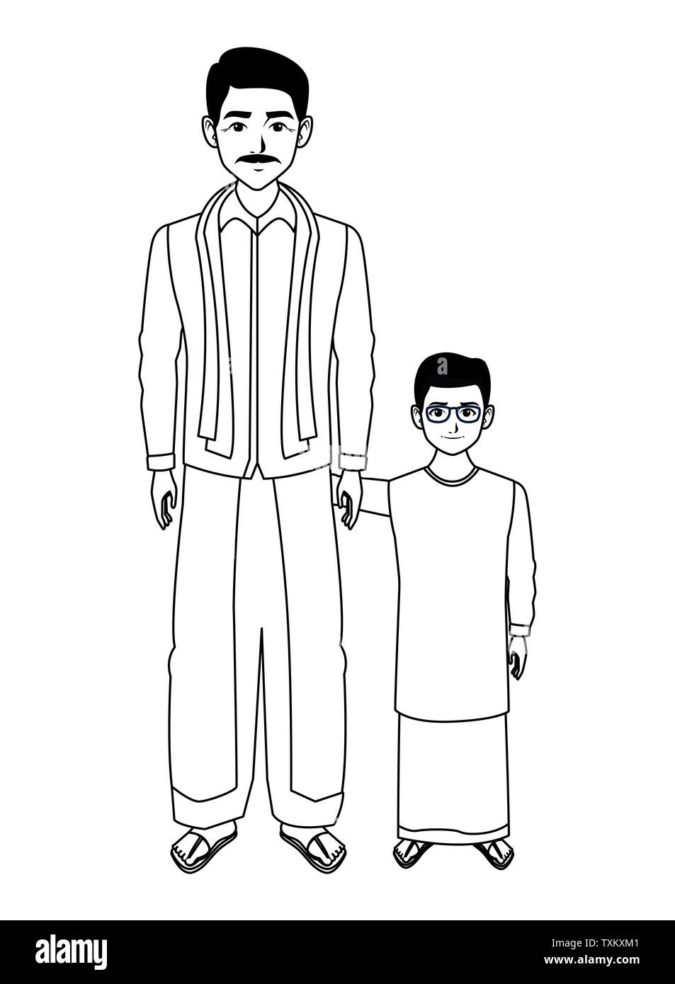 indian family avatar cartoon character in black and white Stock Vector ...