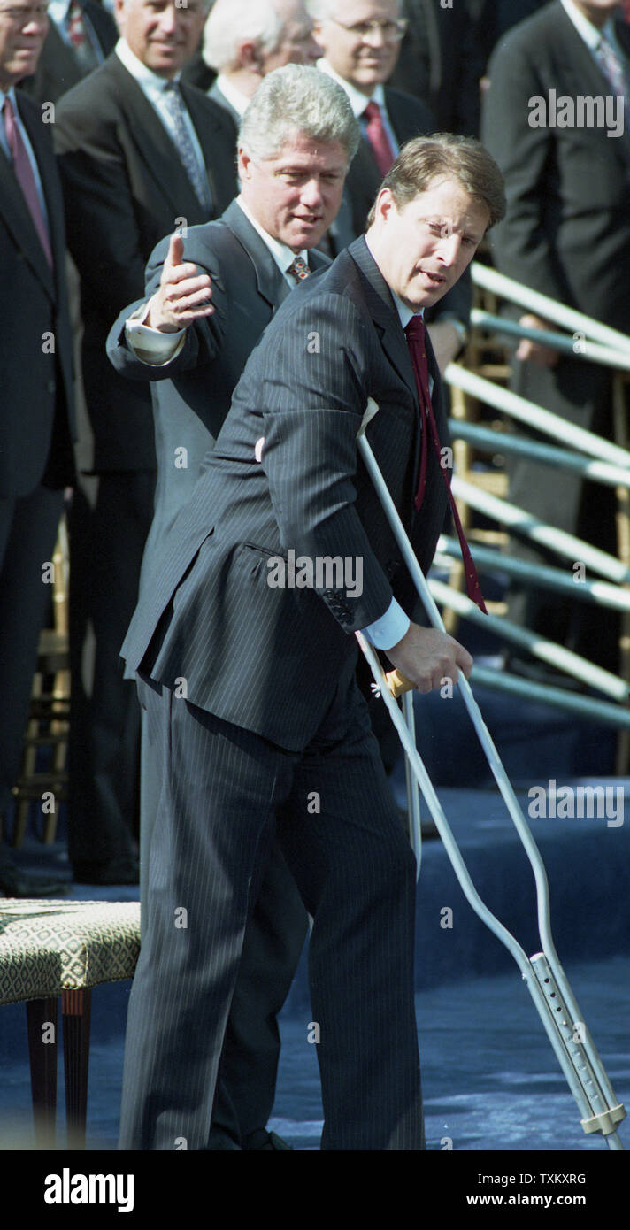 U.S. President Bill Clinton and Vice President Al Gore arrive at a signing ceremony for the crime bill on the South Lawn of the White House in Washington on September 13, 1994. UPI Stock Photo