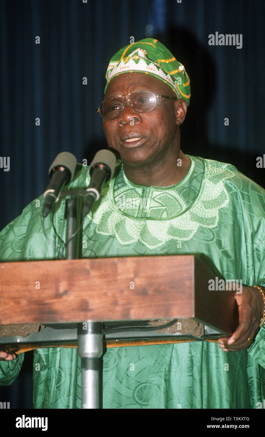 Olusegun Obasanjo, President of Nigeria, speaks at a joint news conference with U.S. President Bill Clinton in Washington on October 28, 1999. UPI Stock Photo
