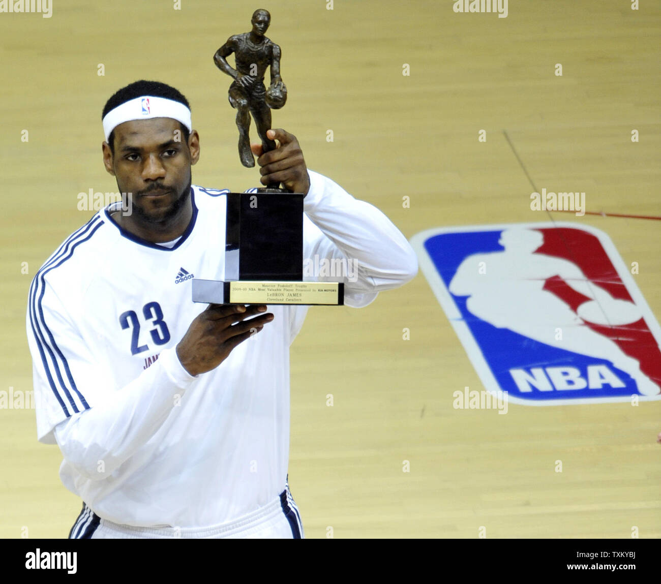 Cleveland Cavaliers LeBron James show offs his 2010 National Basketball  Association MVP trophy before game 2 of the second round of the NBA  Playoffs against the Boston Celtics in Cleveland on May