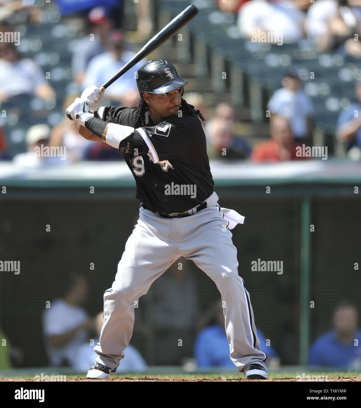 Chicago White Sox designated hitter Manny Ramirez bats in the fourth inning  of a baseball game against the Cleveland Indians at Progressive Field in  Cleveland on Wednesday, September 1, 2010. UPI/David Richard