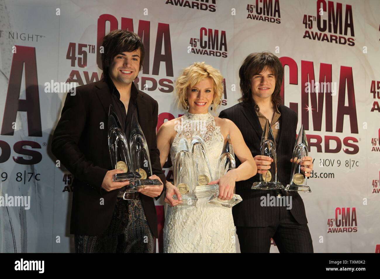 The Band Perry, winners of Best New Artist, Single of the Year and Song of the Year, poses for photographers back stage at the 45th Annual Country Music Association Awards at the Bridgestone Arena in Nashville, Tennessee on November 9, 2011.  UPI/Terry Wyatt Stock Photo