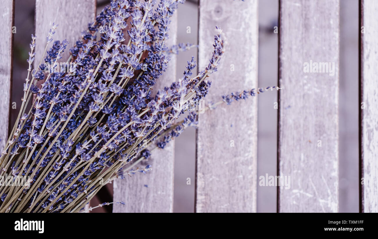 Dried lavender bunches on wooden table background Stock Photo