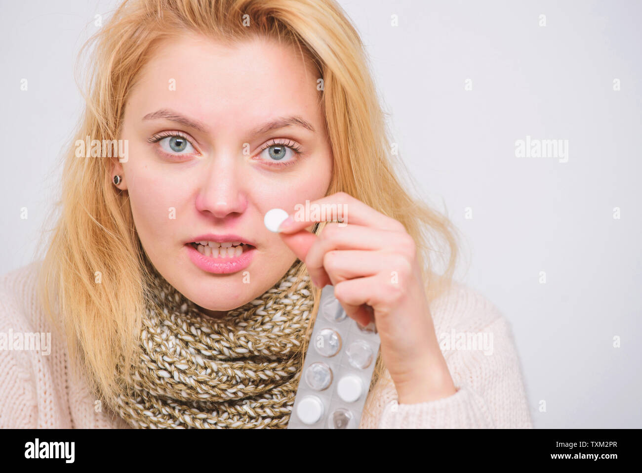Headache And Fever Remedies Woman Sick Person Hold Tablet Take Tablet Relieve Fever Home 