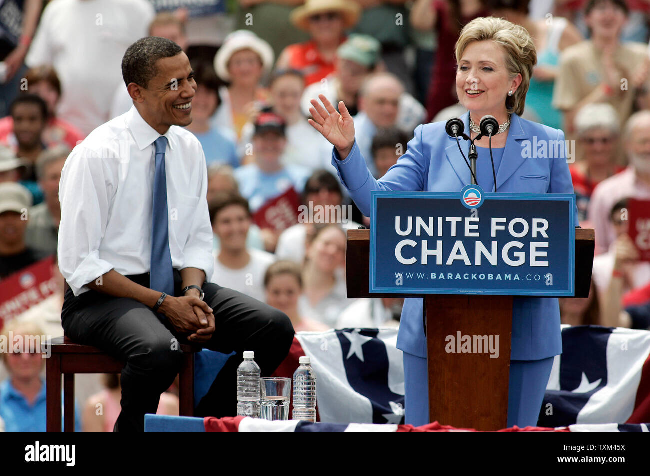 Presumptive Democratic Presidential Nominee Sen. Barack Obama, D-IL, and Sen. Hillary Rodham Clinton, D-NY, campaign together for the first time since Clinton dropped out of the race in Unity, New Hampshire, on June 27, 2008.   (UPI Photo/Matthew Healey) Stock Photo