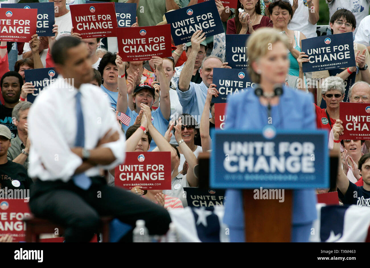 Presumptive Democratic Presidential Nominee Sen. Barack Obama, D-IL, and Sen. Hillary Rodham Clinton, D-NY, campaign together for the first time since Clinton dropped out of the race in Unity, New Hampshire, on June 27, 2008.   (UPI Photo/Matthew Healey) Stock Photo
