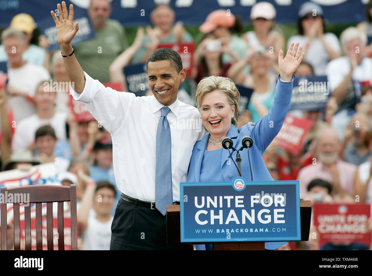 Presumptive Democratic Presidential Nominee Sen. Barack Obama, D-IL, and Sen. Hillary Rodham Clinton, D-NY, campaign together for the first time since Clinton dropped out of the race in Unity, New Hampshire, on June 27, 2008.   (UPI Photo/Matthew Healey) Stock Photo