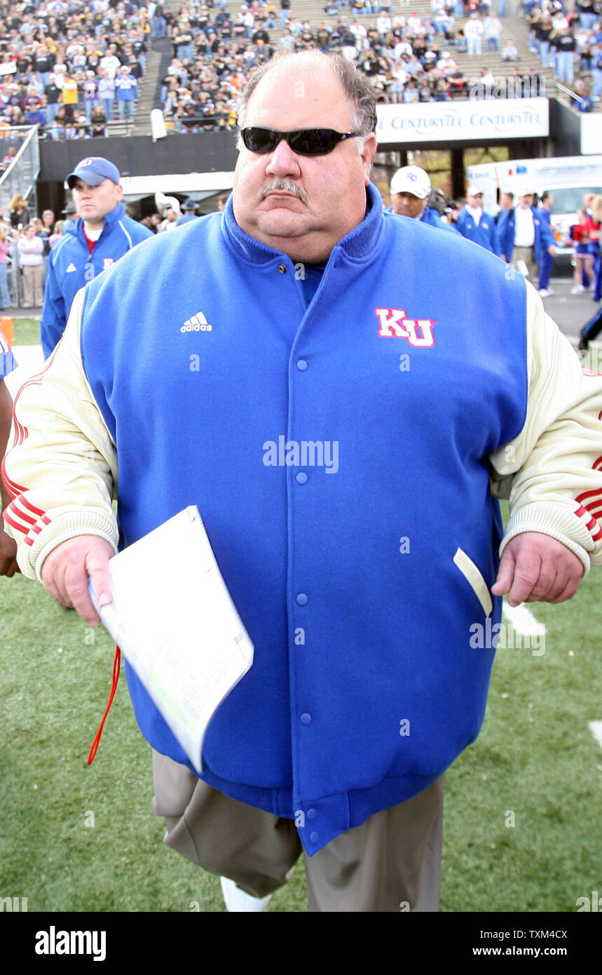 Kansas Jayhawks head football coach Mark Mangino takes to the field before  the start of a game against the Missouri Tigers at Faurot Field in  Columbia, Missouri on November 25, 2006. (UPI