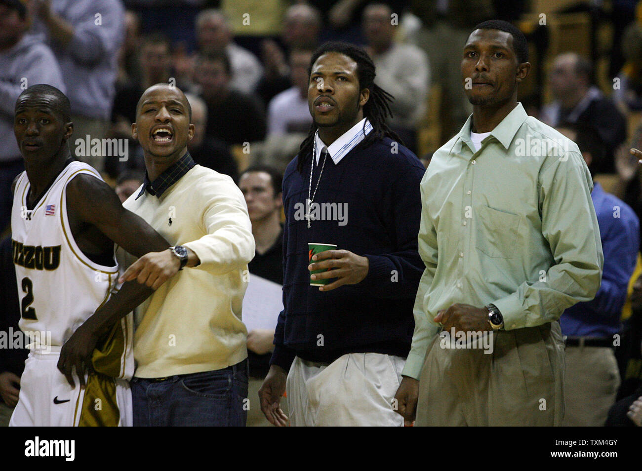 University of Missouri Tigers (L to R) Keon Lawrence, Jason Horton, Daryl Butterfield and Marshall Brown stand to watch as their teammates take on  the Nebraska Cornhuskers at the Mizzou Arena in Columbia, Missouri on January 30, 2008. Horton, Butterfield, Brown and two others were suspended by head basketball coach Mike Anderson after the five were involved in a fight outside of a Columbia, Missouri nightclub on January 27. (UPI Photo/Bill Greenblatt) Stock Photo