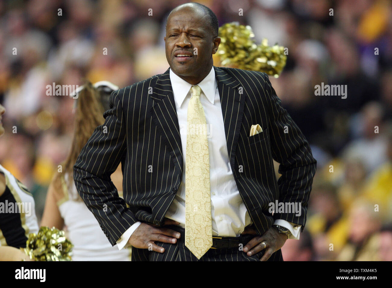 Missouri Tigers head basketball coach Mike Anderson is not happy with the  officials during a call in the first half against the Kansas State Wildcats  at the Mizzou Arena in Columbia, Missouri