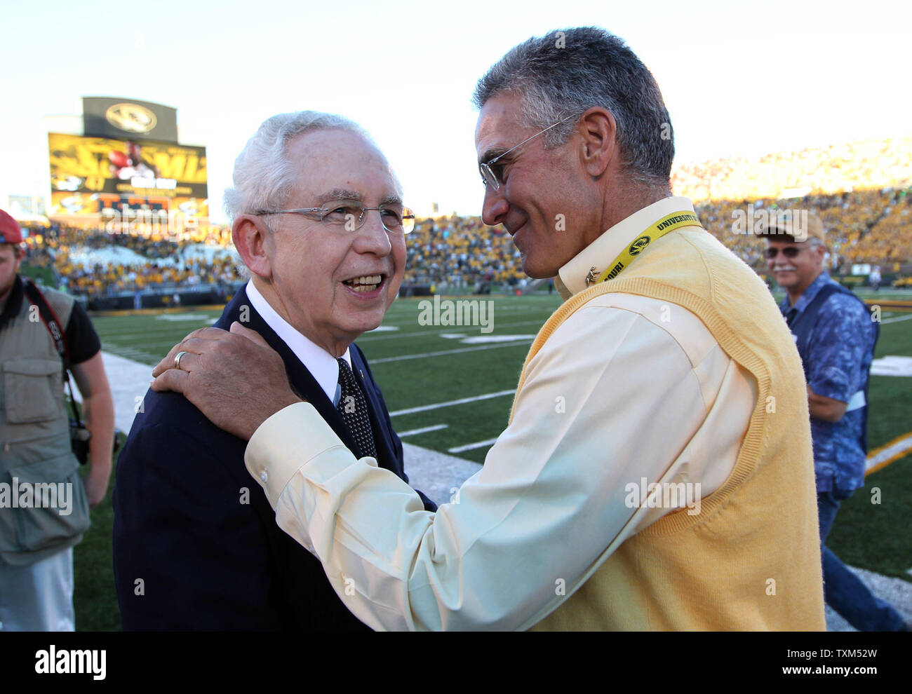 Missouri Athletic Director Mike Alden (R) talks with Southeastern Conference commissioner Mike Slive before Missouri plays Georgia at Faurot Field in Columbia, Missouri on September 8, 2012. This game marks the first for Missouri as a member of the SEC Conference. UPI/Bill Greenblatt Stock Photo
