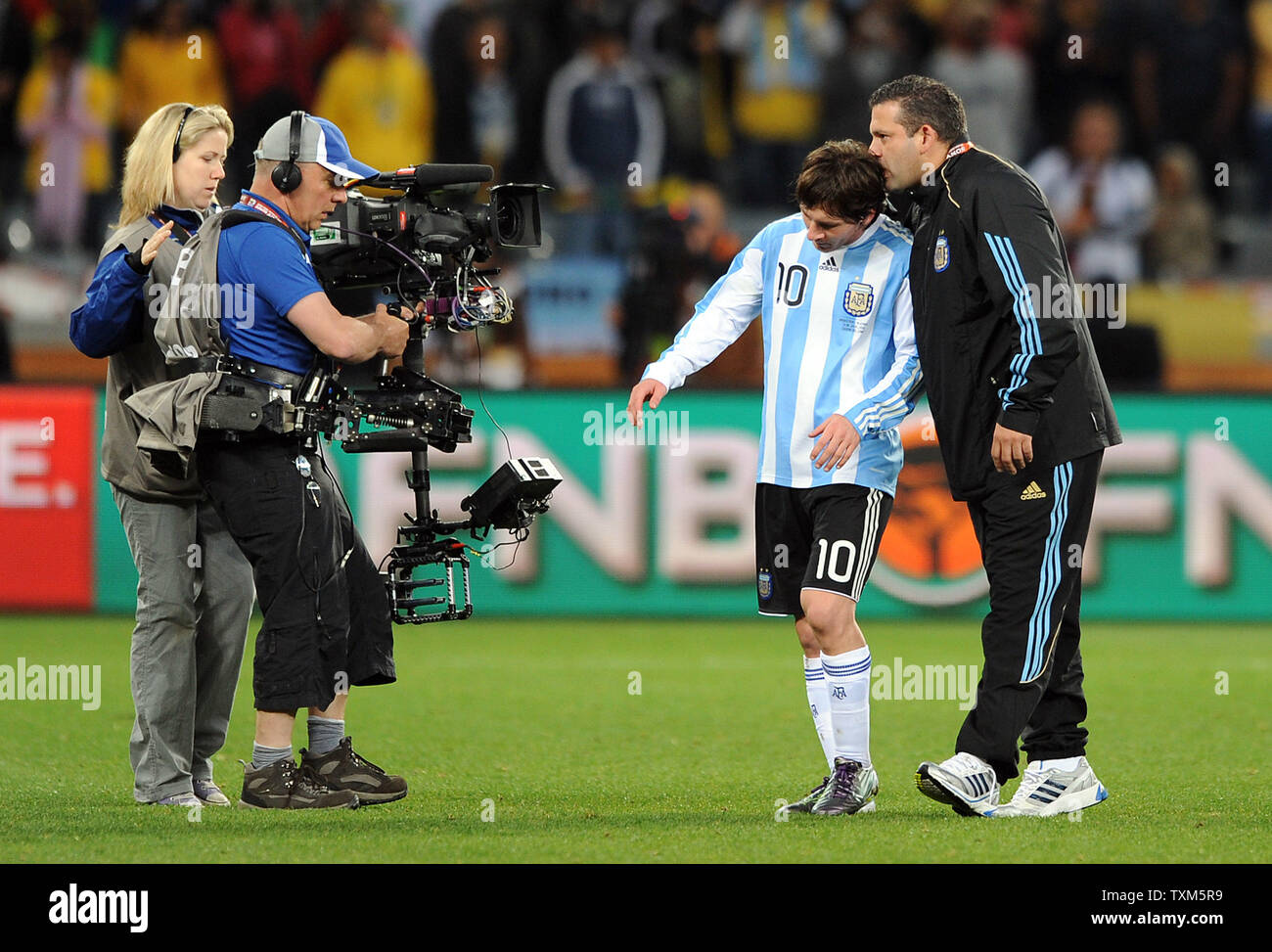 Lionel Messi of Argentina looks dejected as he leaves the field after the FIFA World Cup Quarter Final match at the Green Point Stadium in Cape Town, South Africa on July 3, 2010. Germany beat Argentina 4-0. UPI/Chris Brunskill Stock Photo