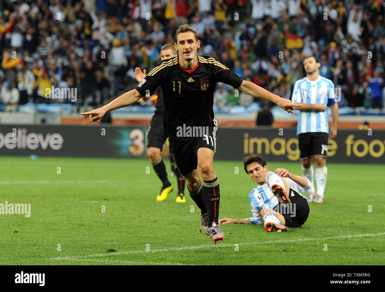 Miroslav Klose of Germany celebrates scoring his team's fourth goal during the FIFA World Cup Quarter Final match at the Green Point Stadium in Cape Town, South Africa on July 3, 2010. UPI/Chris Brunskill Stock Photo