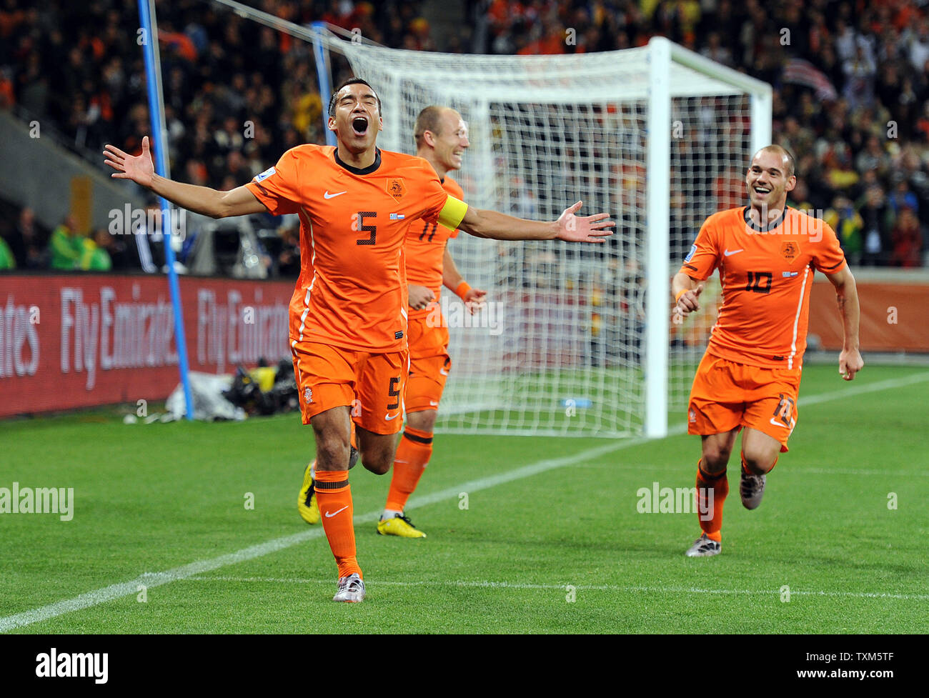 Giovanni Van Bronckhorst of Holland celebrates scoring the opening goal during the FIFA World Cup Semi Final match at the Green Point Stadium in Cape Town, South Africa on July 6, 2010. UPI/Chris Brunskill Stock Photo