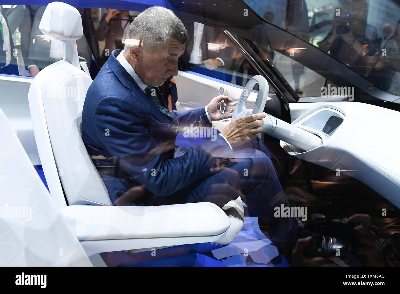 Czech Prime Minister Andrej Babis visits a Volkswagen plant in Dresden, Germany, on June 25, 2019. On the photo is seen a Showcard ID concept. (CTK Photo/Ondrej Deml) Stock Photo