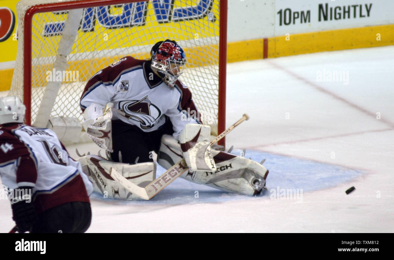 Aves goalie Jose Theodore clears the puck in Game 1 of the Western Conference Quarter Finals April 22, 2006 at the American Airlines Center in Dallas, Texas.  The Avs beat the Stars 5-2.   (UPI Photo/Ian Halperin) Stock Photo